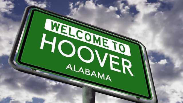 Welcome to Hoover, Alabama. USA City Road Sign Close Up, Realistic 3d Animation