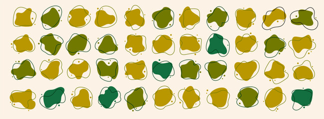 Vector abstract blob shapes set. Irregular green organic elements. Amoeba splotches. Liquid uneven spots. Asymmetric fluid splodge form spots. Amorphous blob silhouettes collection. Flat stain splot