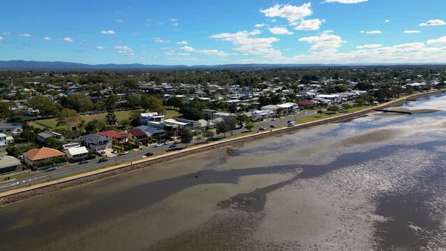 Aerial view of Sandgate and Brighton waterfront on a sunny day, Brisbane, Queensland, Australia