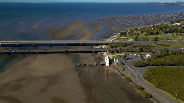 Circular aerial view over the Houghton Highway Bridge between Brighton and Redcliffe Peninsula, Brisbane Australia.