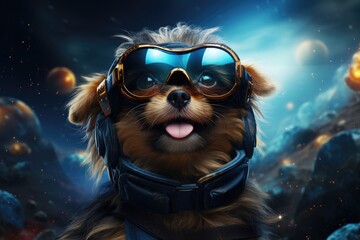 Baby dog wearing VR headset, surreal galaxy cosmic and colorful background. Generative AI