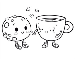 Cookie cute vector illustration cartoon. Cookie vector colored and colorless. Cute coloring page for kids. Cup of coffee with chocolate , candy and cookies. Coloring book anti stress for children. 95