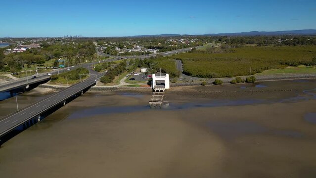 Circular aerial view over the Houghton Highway Bridge between Brighton and Redcliffe Peninsula, Brisbane Australia.