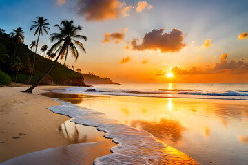 Bright orange sunset view under palm tree branch silhouette. Sand beach seascape. Generative AI