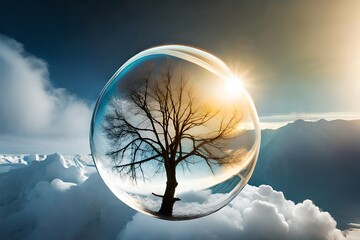 An enchanting soap bubble drifts gracefully above a sturdy oak branch, its spherical form a miniature world reflecting the endless expanse of the sky and the cotton candy clouds that leisurely sail ac