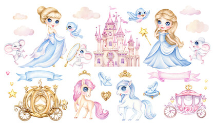 Set of fairy tale Cinderella cartoon characters isolated on white background. Watercolor hand drawn illustration of cute little princess, castle, carriage, horse and mice in cartoon style - 634961003