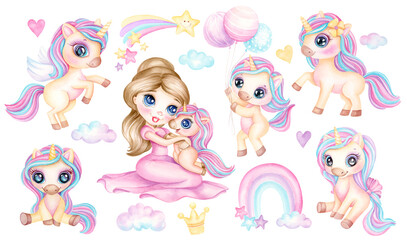 Cute little princess and baby unicorn watercolor clipart. Set of Hand drawn illustration fairytale beautiful girl and magic pony in cartoon style for childrens birthday card and baby shower invitation