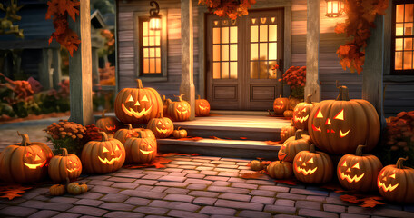 Autumn decorated house with pumpkins on Halloween. Generative AI.