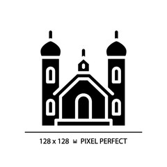 2D pixel perfect glyph style religious building icon, isolated vector, silhouette illustration.