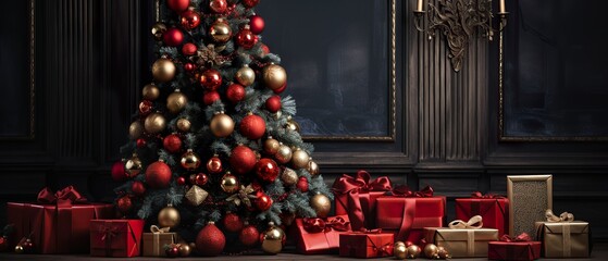 Weihnachtsdekoration mit weihnachtsbaumkugeln und dunkler Stimmung