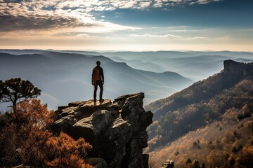 Wanderer steht auf einem Felsen an der Bergspitze und schaut über ein Gebirge mit toller Landscahft  - obrazy, fototapety, plakaty