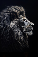 Generated photorealistic image of a black lion in profile 