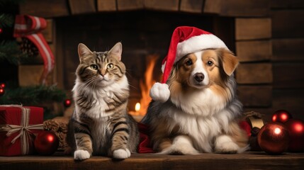 cat and dog wearing adorable Santa Claus outfits while sitting side by side next to a festively adorned fireplace