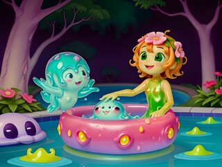 Naklejka premium Cute Slime Creatures on Swimming Pool, Generative AI Illustration