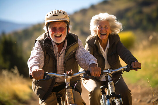 Active cheerful senior couple with bicycle in public park together having fun lifestyle. Perfect activities for elderly people. Happy mature couple riding bicycles in park. Generative AI Technology