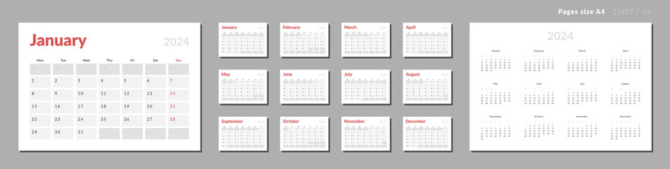 Set of Monthly page Calendar Planner Templates 2024. Vector layout of a wall or desk simple calendar with week start monday. Calendar grid in grey, red color for print. Page for size A4 or 21x29.7 cm