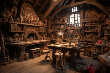 Fototapeta na wymiar Artistry in Wood: Imagining a Rustic Studio with Meticulous Craftsman, Intricate Carvings, Tools, and Wooden Creations 