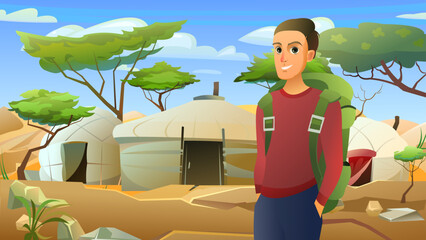 Guy boy with backpack near settlement of nomads. Traditional dwellings. Tourist walking adventure journey. Fun cartoon style. Vector
