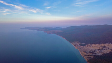 Russia, Lake Baikal, Olkhon Island, Sunset over Small Sea Bay. Cape Sagan-Khushun, From Drone
