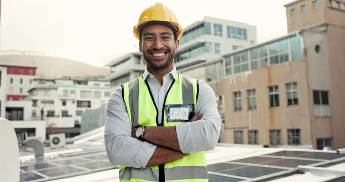 Happy asian man, architect and arms crossed on rooftop in city for professional solar panel installation or construction. Portrait of male person, engineer or contractor smile in renewable energy
