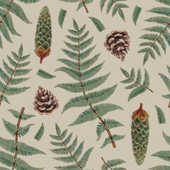 Seamless pattern design with botanical illustrations of fern and pine cone. Cottegecore style. Perfect for fabric, home textile, wallpaper, packaging design, stationery and other goods