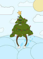 Christmas greeting card with Groovy xmas Character in trendy Y2K style. Cute and funny Christmas tree clip art. Vector illustration. Emoticon Xmas character.