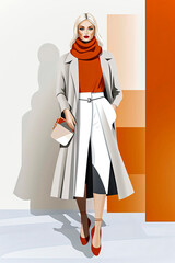 Generative AI illustration of woman model wearing trendy couture winter clothes in minimal vector illustration style.Fashion concept digital art