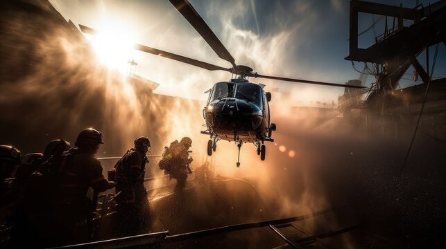 A dramatic image of firefighters descending from a helicopter