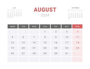 Calendar Template of august 2024. Vector layout simple calendar with week start Monday.