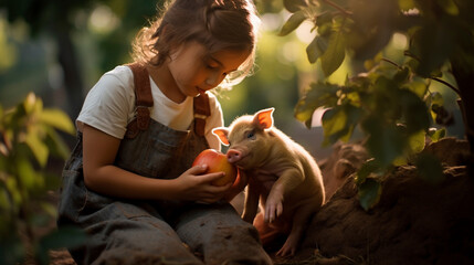 Vegetarian and Animal Protection Day, a little girl feeds an apple to a piglet, generative AI