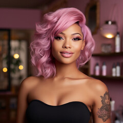 Attractive African American Girl with pink short hair , success small business owner / hair stylist