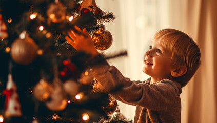 Close-up of a happy little boy in a red sports jacket decorates the Christmas tree with a big glass...