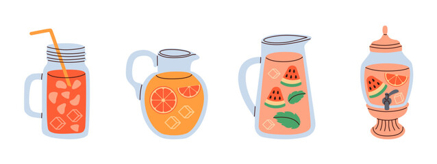 Set of lemonade jugs with ice cube end various fruits. Refreshing drink with mint leaves in pitcher with straw.