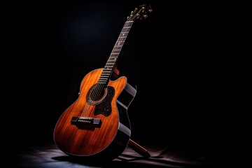 Fototapeta premium Old Accoustic classic guitar on stand with black background at home