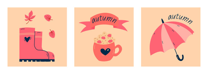 Autumn mood greeting card poster template. Minimalist autumn mood postcard with rubber boots umbrella and coffee