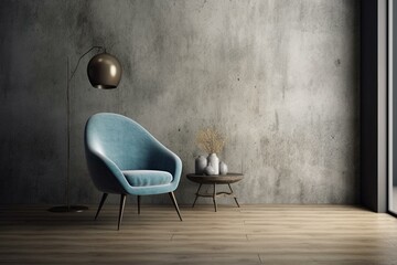 A spacious concrete wall with blue armchair, vase, and wooden floor. Unfurnished room, 3D image mockup. Generative AI