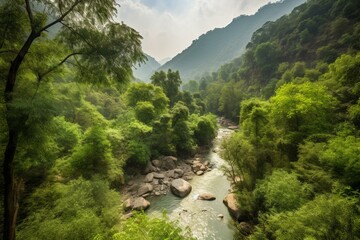 Fototapeta na wymiar Lush green vista with trees overhanging a flowing river. Generative AI