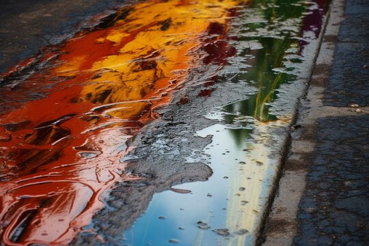 Colorful fuel spill on wet road. Abstract texture shows environmental damage. Generative AI