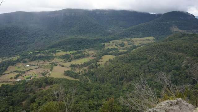 Handheld Footage of Numinbah Valley viewed along the Dave's Creek Circuit walk in Lamington National Park, Gold Coast Hinterland, Australia.