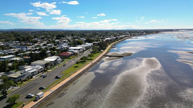 Aerial view of Sandgate and Brighton waterfront on a sunny day, Brisbane, Queensland, Australia