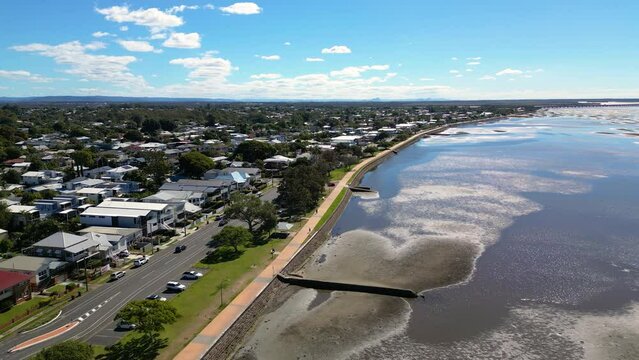Aerial view of Sandgate and Brighton waterfront on a sunny day, Brisbane, Queensland, Australia