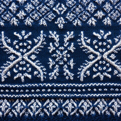 Wool sweater texture of dark blue color with white border. Natural knitted wool indigo color material with white ornament. Horizontal or vertical background with knitted fabric texture, 
AI generator