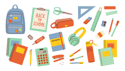 School and education cute stickers template set. Bundle of textbooks, stationery supply, objects. Scrapbooking elements.