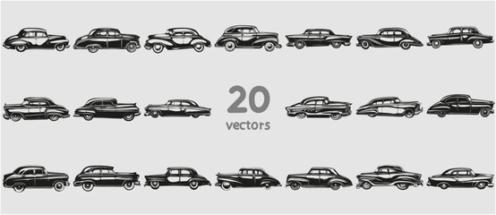 collection of monochrome retro cars of the past side view vector images