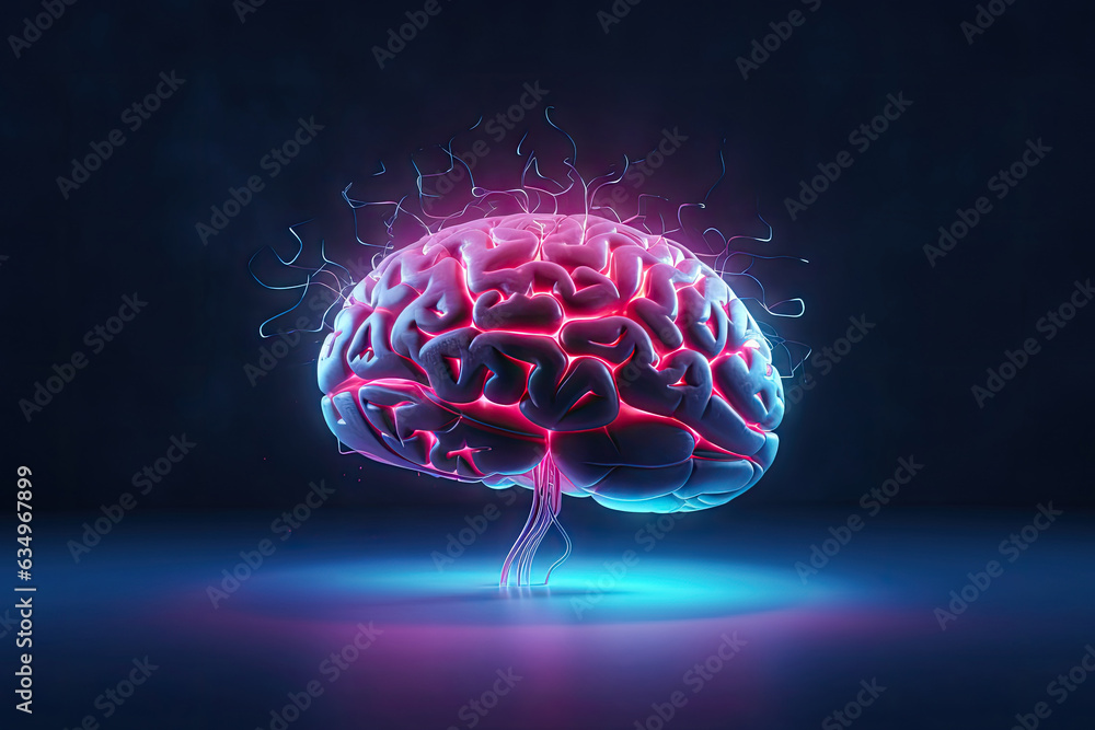 Poster digital ai electronic brain made from metallic with neon light, neural data storage machine, artific