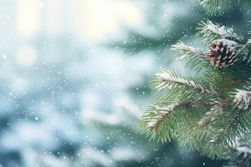 Winter season with snow caps covered branches of pine tree in Christmas festival, snowflake and bokeh glitter light background for mock up, Christmas eve new year background, with Generative Ai.