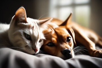 portrait of a cat and dog in bed
