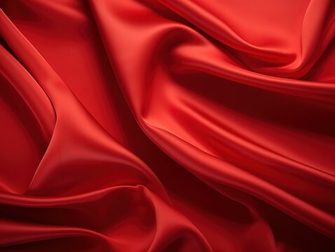 The texture of a curved, shiny, silk sheet of a rich red color. Texture, abstract background.
