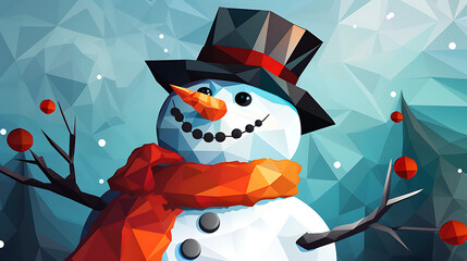 Snowman in the snow. Digital Polygon Illustration.