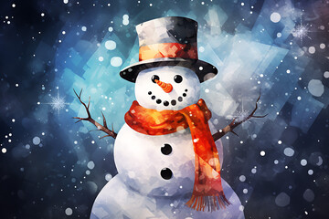 Snowman in the snow. Digital Polygon Illustration.